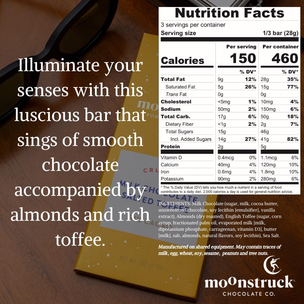 Moonstruck Chocolate Salted Toffee Milk Chocolate Bar, 31% Cacao, 3.0Oz (Pack Of 12)