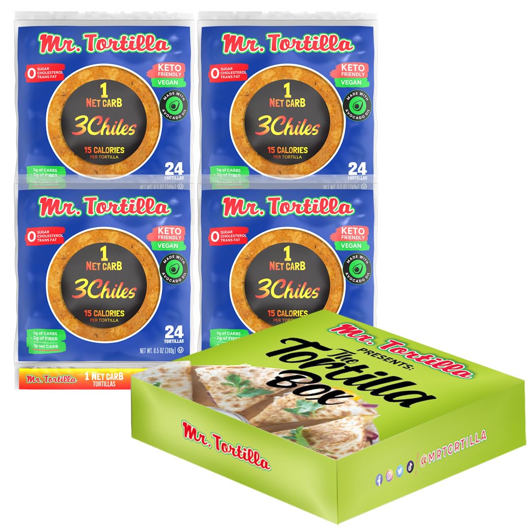 Mr. Tortilla Low Carb Tortilla Wraps - Keto Tortillas with Avocado Oil - Street Taco Size - 1 Net Carb per Serving - Low Calorie Keto Wraps - Low Carb Tortillas - (Spicy 3 Chiles  96 Count)