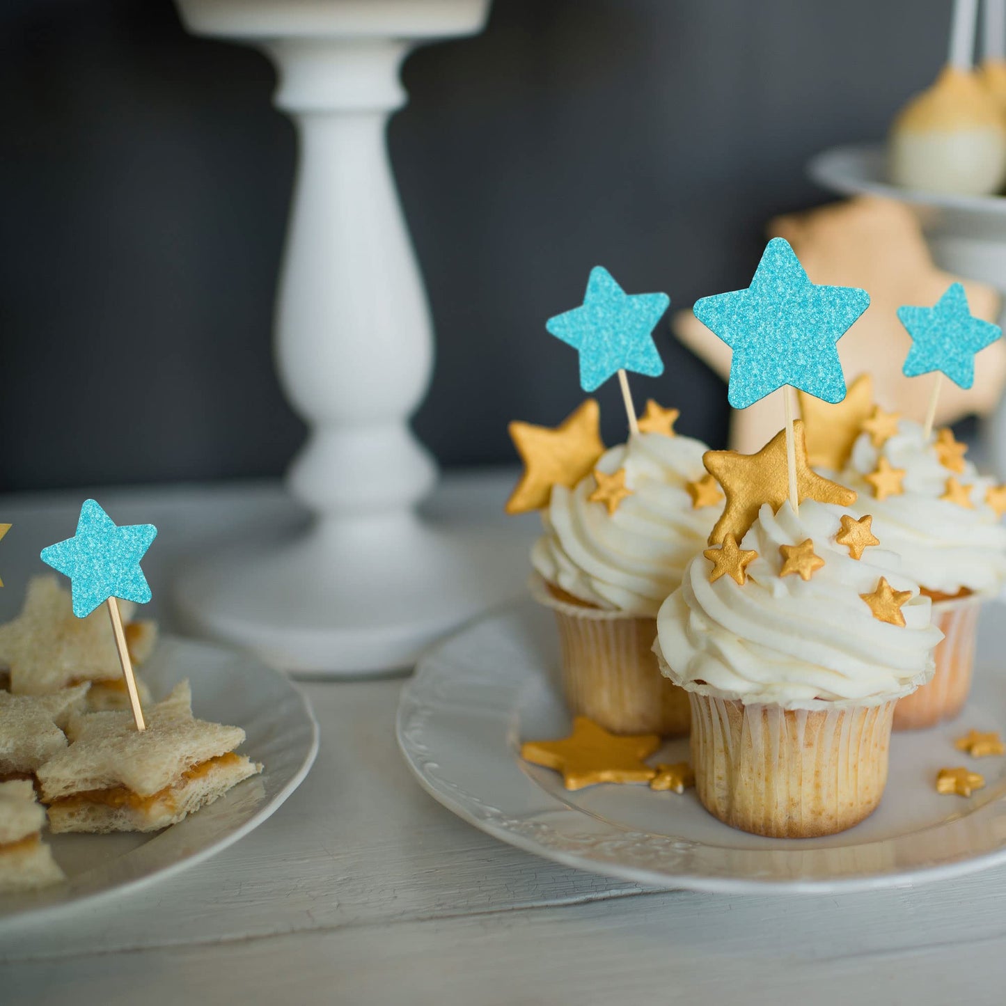 Gyufise 42Pcs Star Cupcake Toppers Blue Glitter Mixed Size Twinkle Little Star Cupcake Picks Decorations For Wedding Engagement