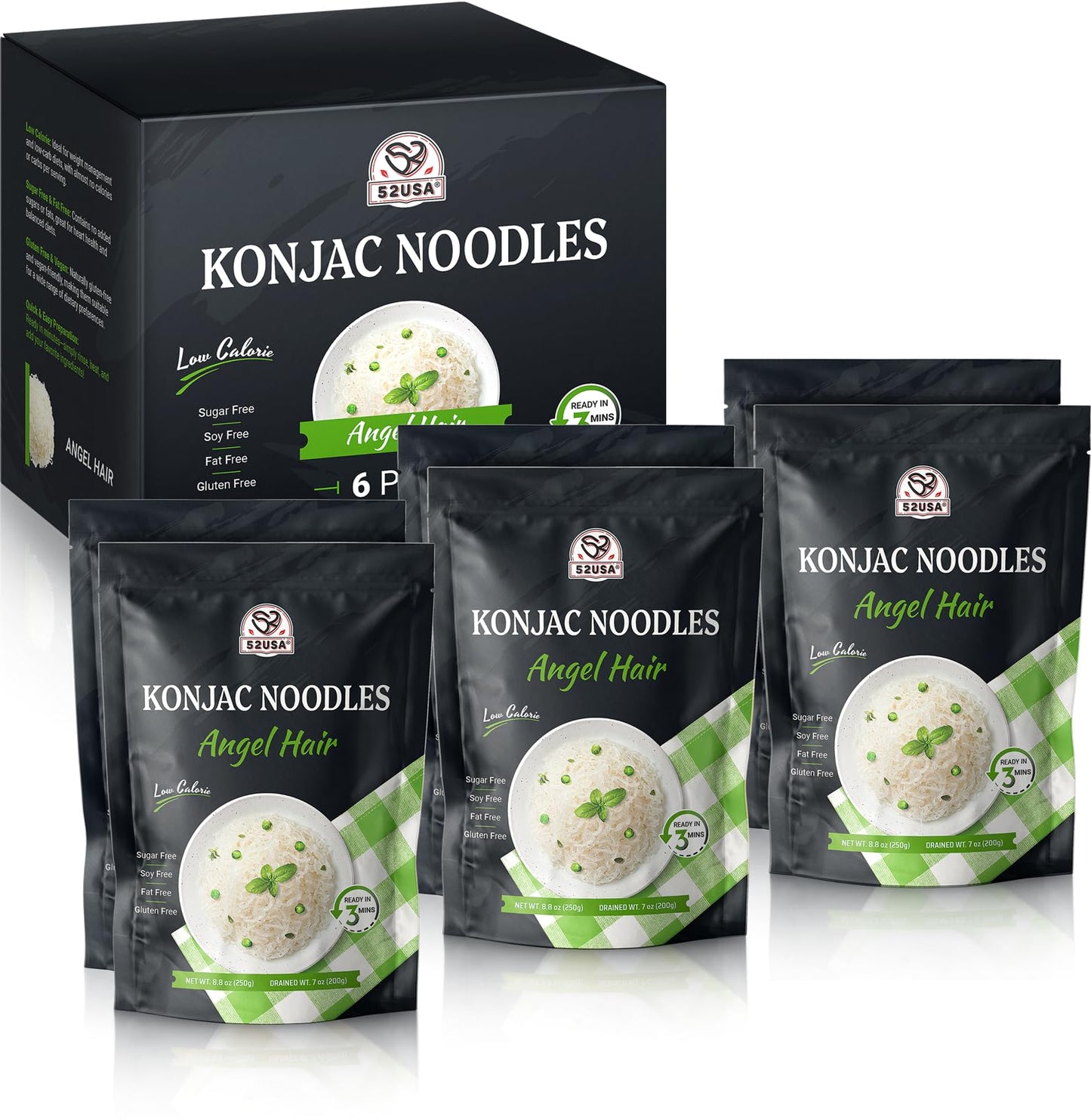 52USA Konjac Shirataki Noodle, Angel Hair, Low Carb Pasta 52.8 Oz (1500 g), Keto and Paleo Friendly, Sugar Free, Vegan, Gluten F