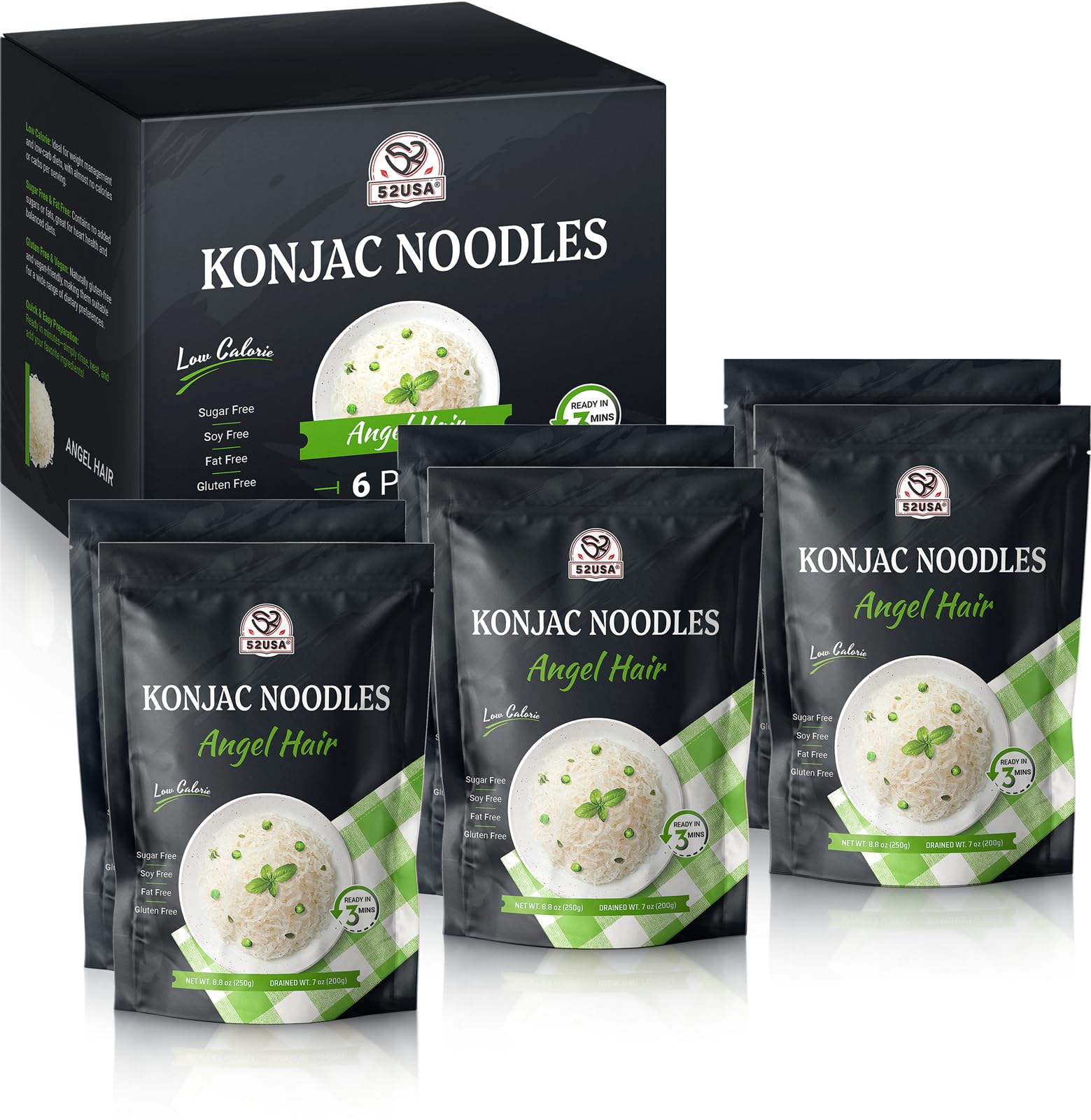 52USA Konjac Shirataki Noodle, Angel Hair, Low Carb Pasta 52.8 Oz (1500 g), Keto and Paleo Friendly, Sugar Free, Vegan, Gluten F