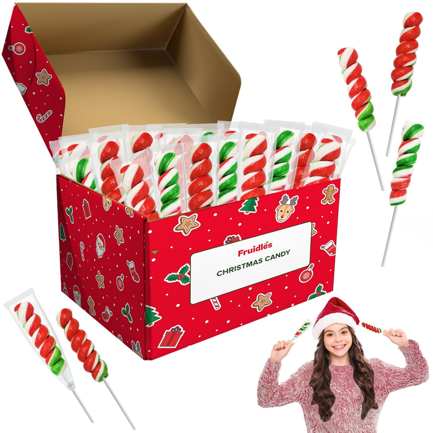 Fruidles Christmas Twist Lollipop, Mixed Fruit Flavor, 12-Pack, Multi-Color, Individually Wrapped 2-Inch Suckers
