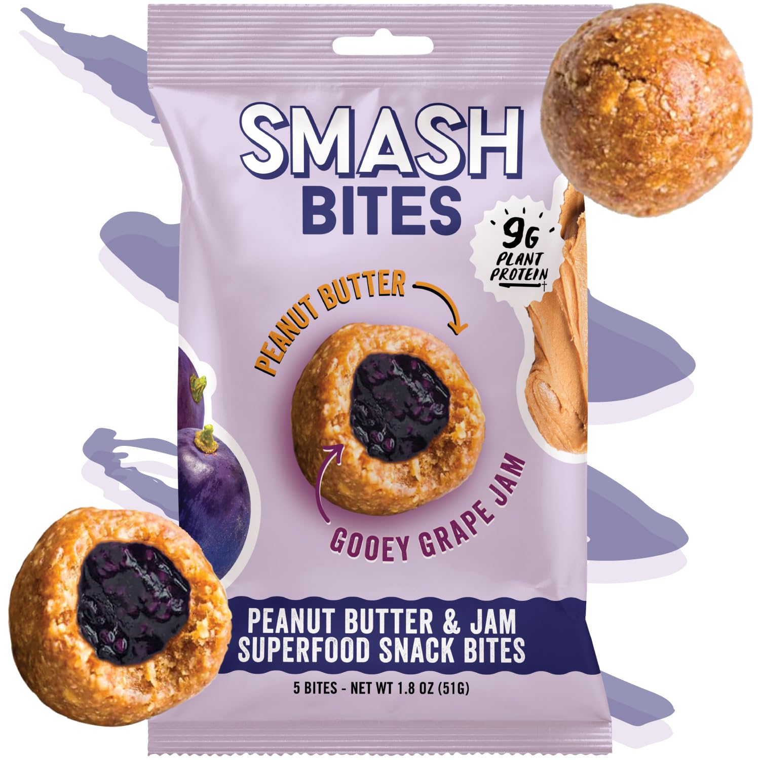 Chia Smash Grape Energy Bites | Gluten-Free Vegan Snack Balls | 8g Protein | 8 Pack (5 Bites)