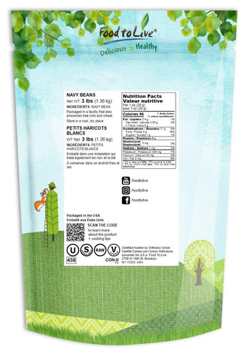 Food To Live Navy Beans, 3 Pounds Raw, Dried, Vegan, Kosher, Whole Small White Kidney Beans In Bulk, Good Source Of Protein, Fib