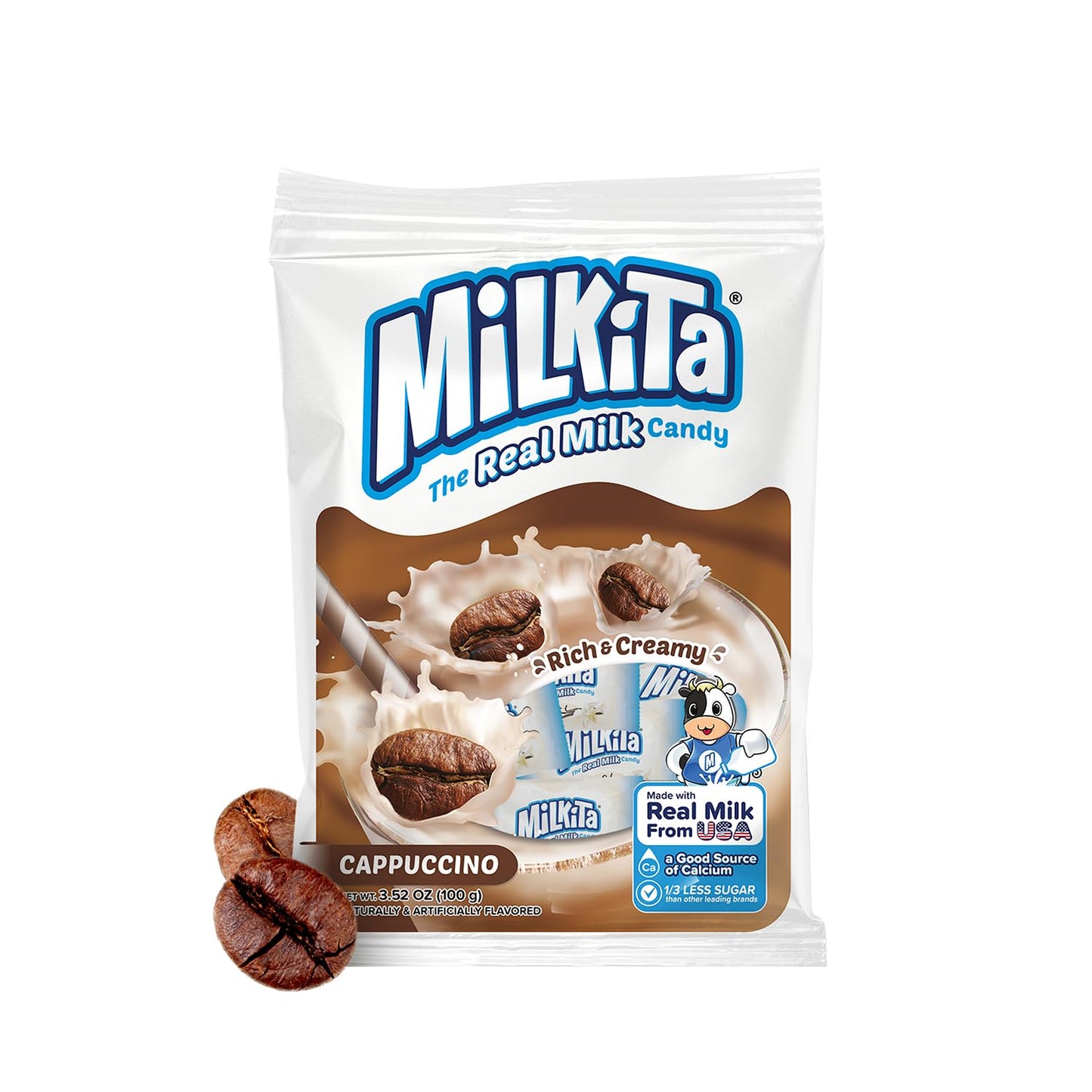 Milkita Creamy Shake Candy Bag, Gluten Free Chewy Candies, Low-Sugar, Cappuccino Flavor, 30 Count, Brown