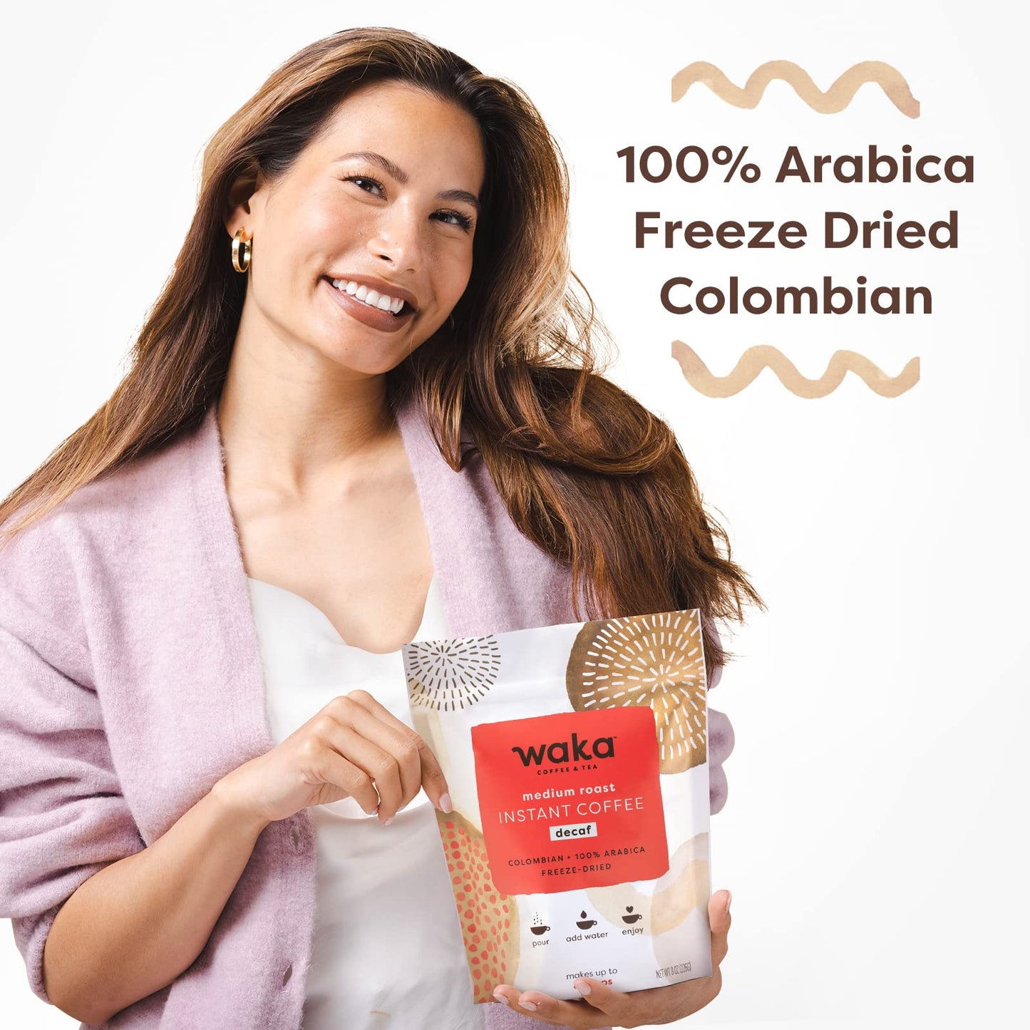 Waka Instant Coffee, Decaffeinated Medium Roast - 100% Arabica Colombian Beans, Freeze Dried Granules, No Sugar Or Additives - B