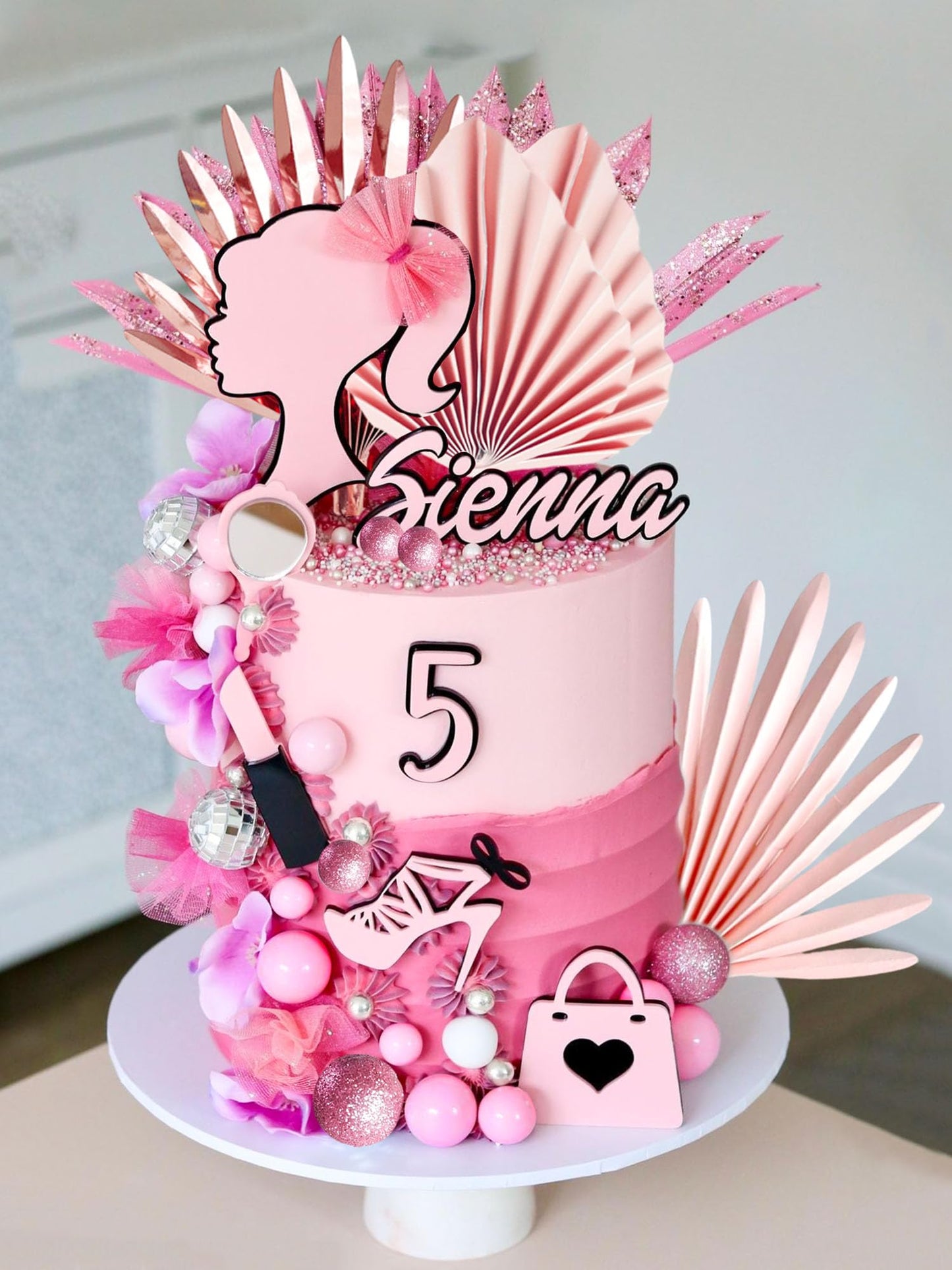 Jevenis Luxury Hot Pink Girl Cake Decoration Pink Girls Birthday Decoration Pink Balls Palm Leaves Heels Lipstick Bags Cake Topp
