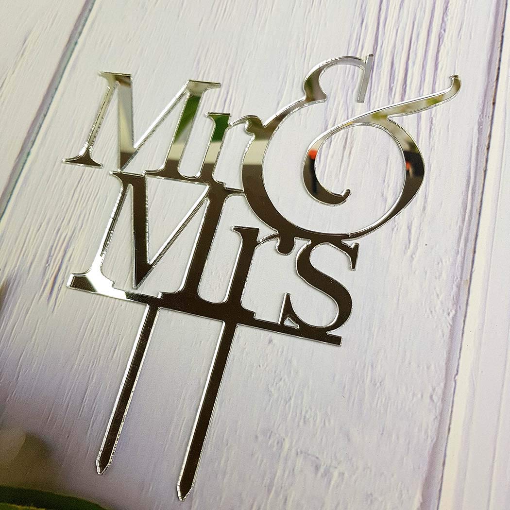 Mr And Mrs Cake Topper, Bride And Groom Sign Wedding Engagement Cake Toppers Decorations (Mirror Silver Acrylic)