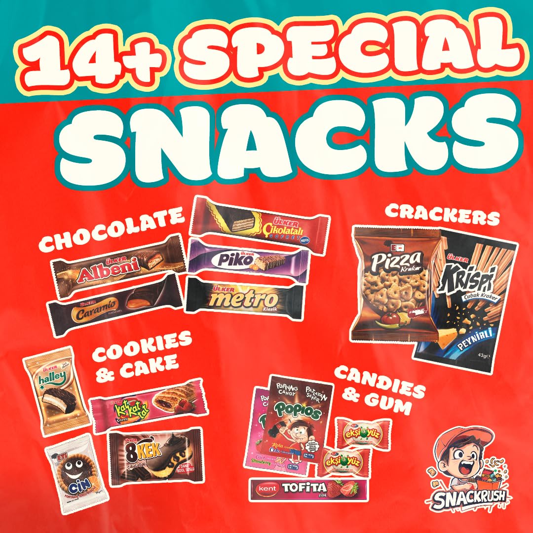 International Snack Box, 14+ Unique Treats, Snacks From Around the World, Universal Yums for Office, Family, Gifts And Parties,