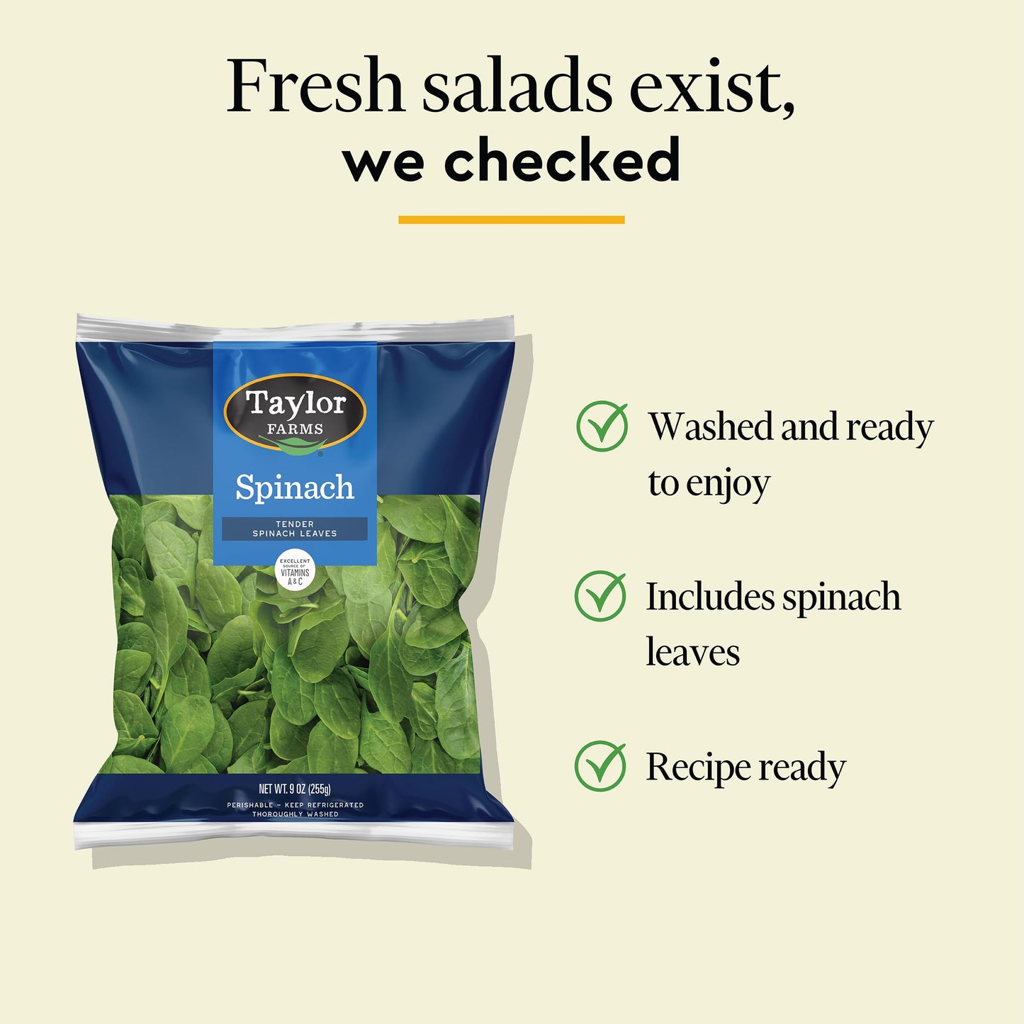 Taylor Farms Spinach, 9 oz Bag
