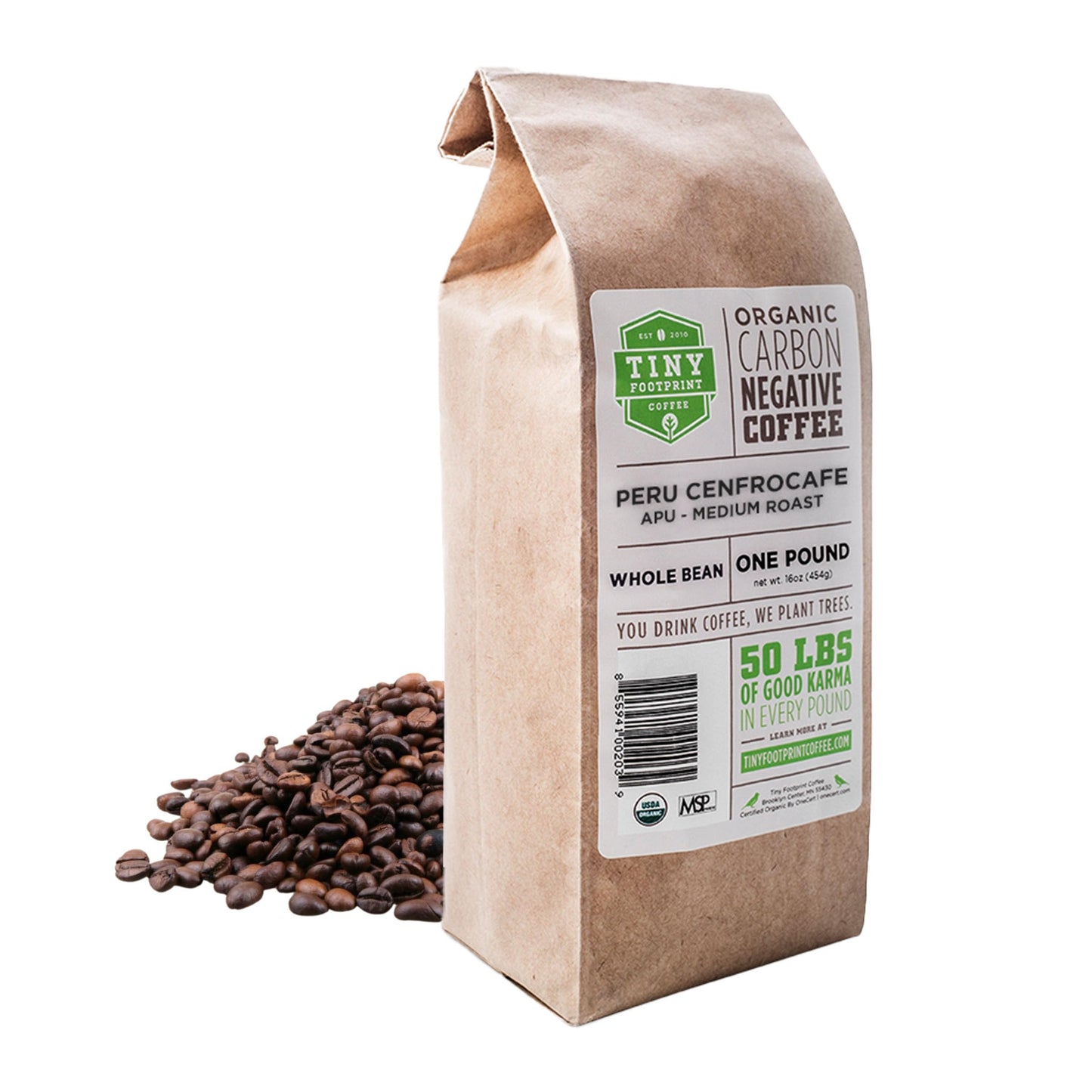 Tiny Footprint Coffee Whole Bean - Fair Trade Organic Peru APU, Medium Roast, 16 Ounce, Model 9849109
