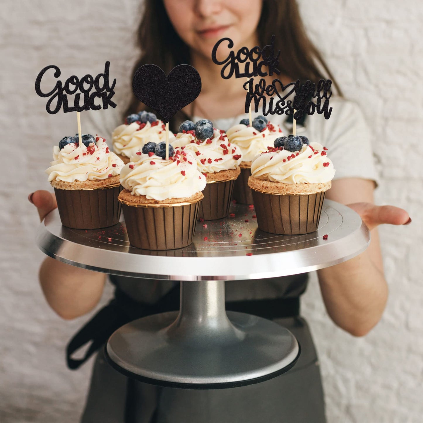Gyufise 36Pcs Black Glitter We Will Miss You Cupcake Toppers With Love Glitter Good Luck Cupcake Picks Going Away Farewell Retir