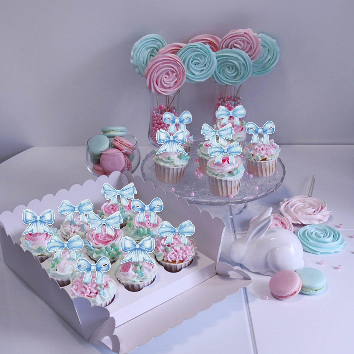 Cyodoos 40Pcs Edible Blue Bowknot Cupcake Toppers Wafer Paper Bowknot Cake Dessert Picks Baby Shower Princess Cupcake Toppers Fo