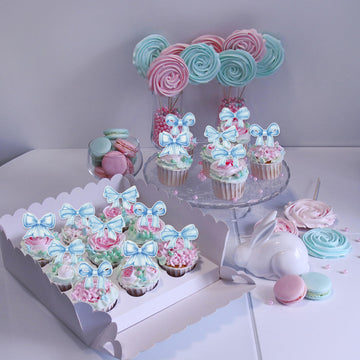 Cyodoos 40Pcs Edible Blue Bowknot Cupcake Toppers Wafer Paper Bowknot Cake Dessert Picks Baby Shower Princess Cupcake Toppers Fo