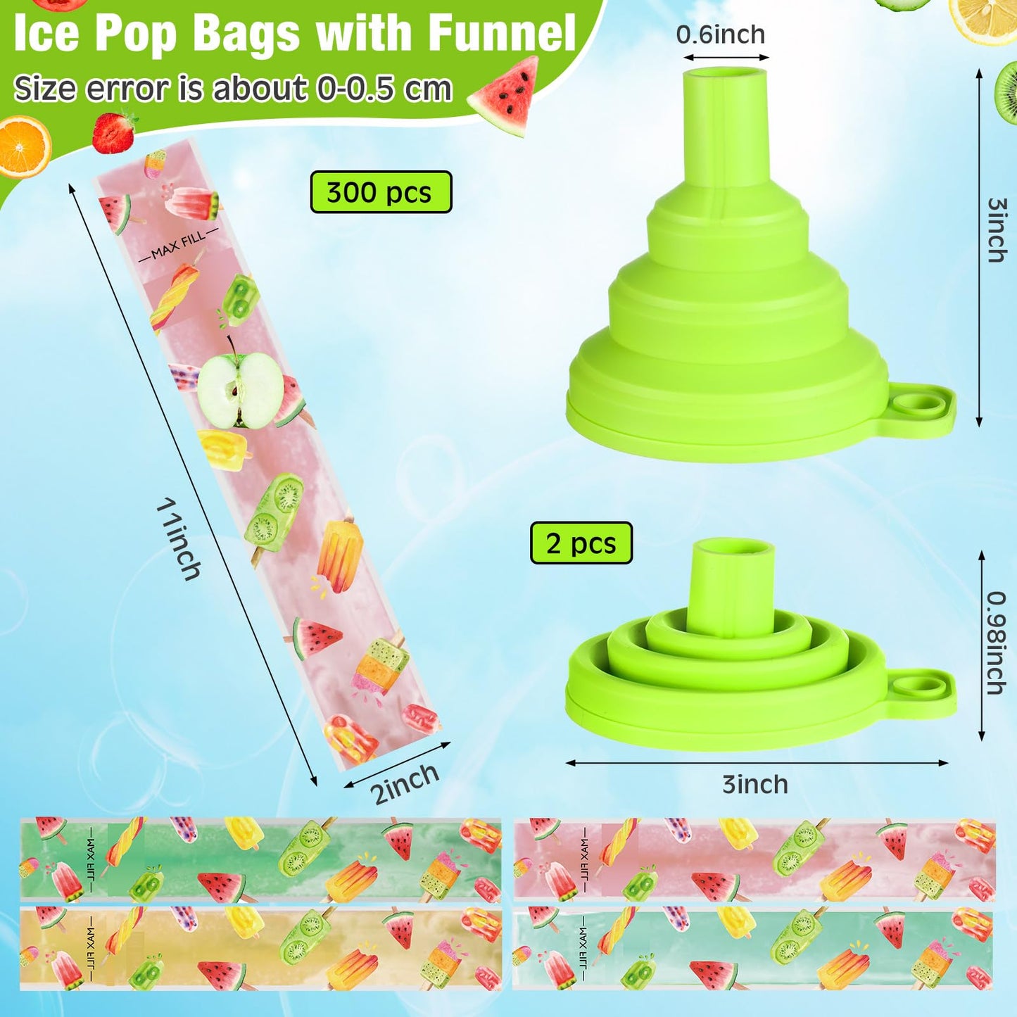 Yiyiring 300 Pcs Summer Ice Lolly Bags Disposable Ice Pop Bags Summer Fruit Freezer Tubes with Zip Freeze Pop Bag with Funnels f