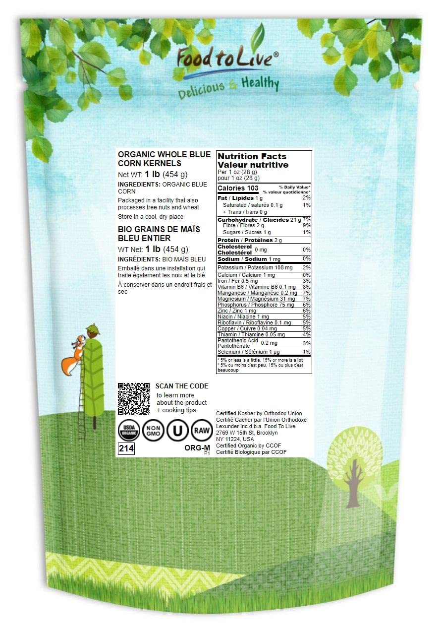 Organic Blue Corn Kernels, 1 Pound - Non-Gmo, Whole Dried Kernels, Vegan, Bulk. Cereal Grain. Good Source Of Vitamin B6, Phospho