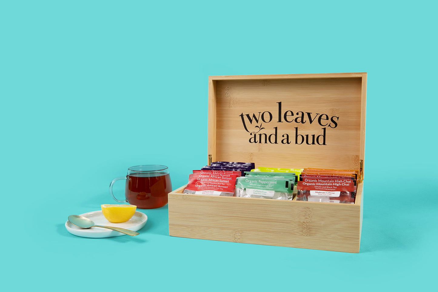 Two Leaves And A Bud Organic Tea Sampler In 6-Slot Bamboo Presentation Box - Filled Gift Box With Tea Assortment Of Green, Black