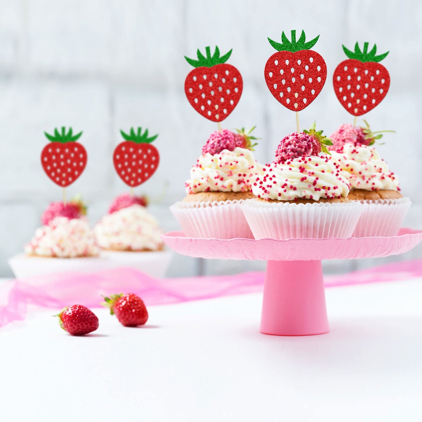 24Pcs Strawberry Cupcake Toppers Red Glitter Fruit Theme Strawberry Cupcake Pick Decorations For Summer Sweet Fruit Baby Shower