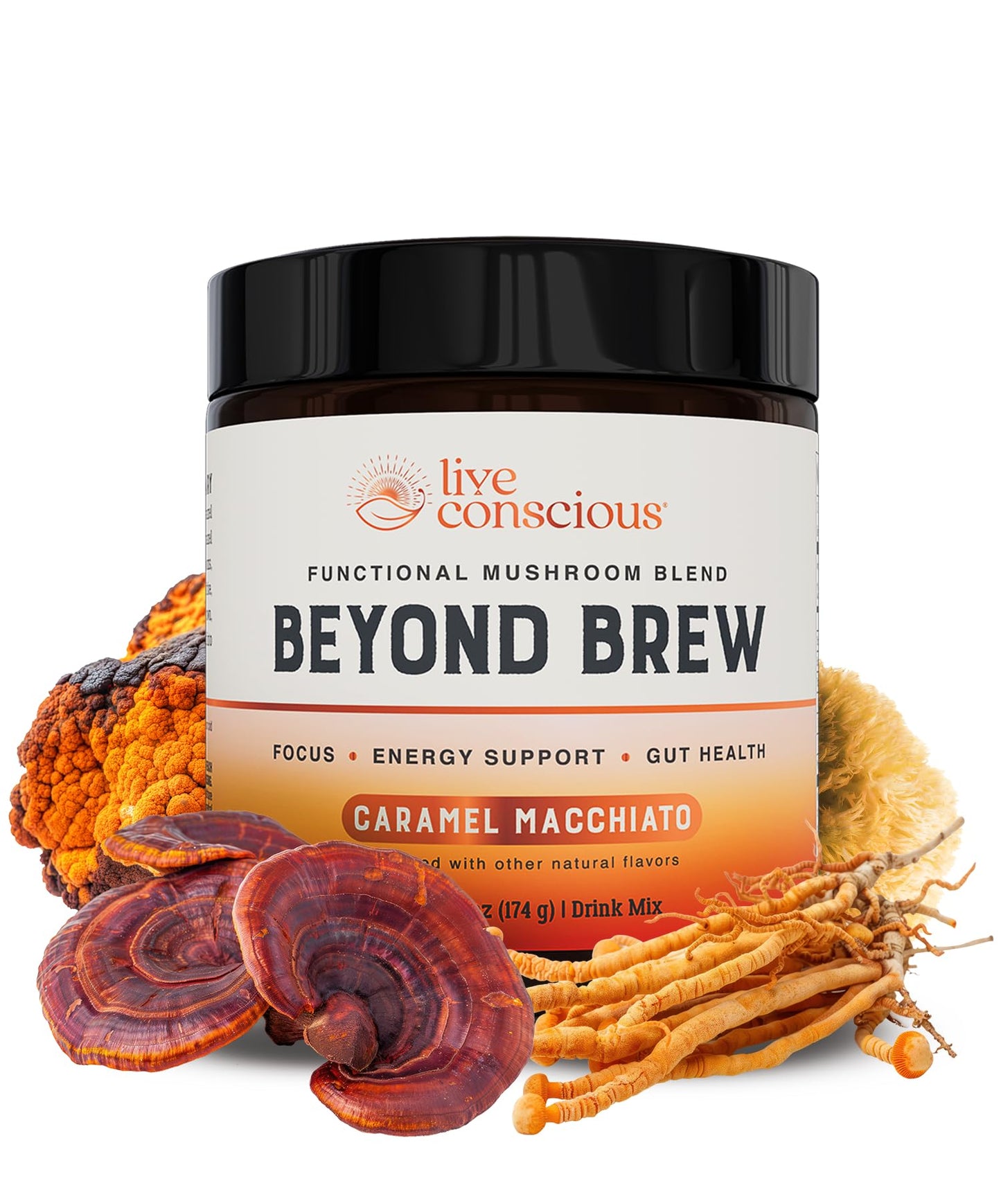 Live Conscious Beyond Brew Caramel Macchiato Coffee Alternative - Low Caffeine Superfood with Mushroom Complex - 30 Servings