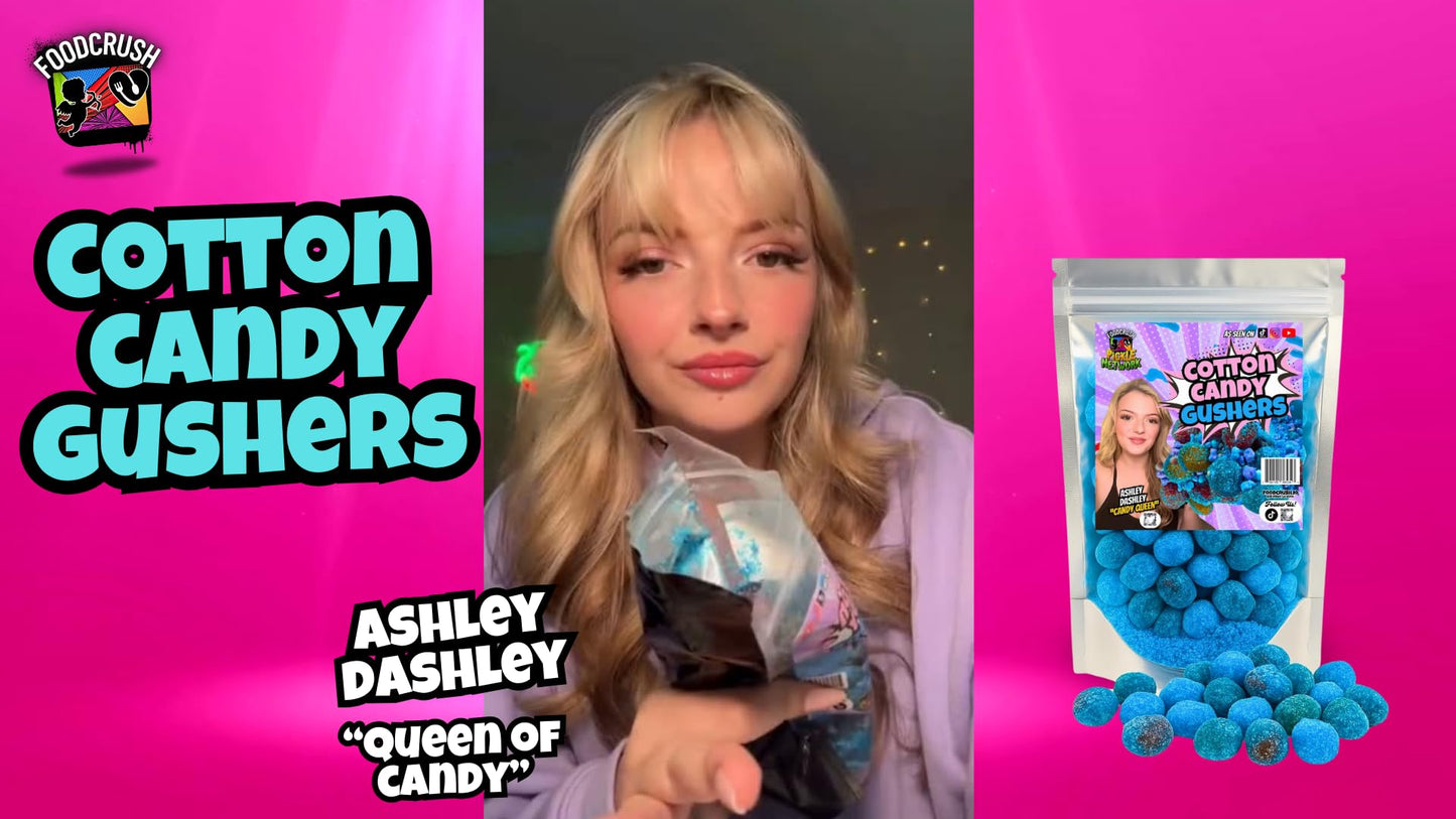 Ashley Dashley s-Popping Cotton Candy Gushers Kit-(3/4 LB) Juicy Gummies Coated W/Cotton Cqndy Crunch, Wax Bottles + Fizzing Ca