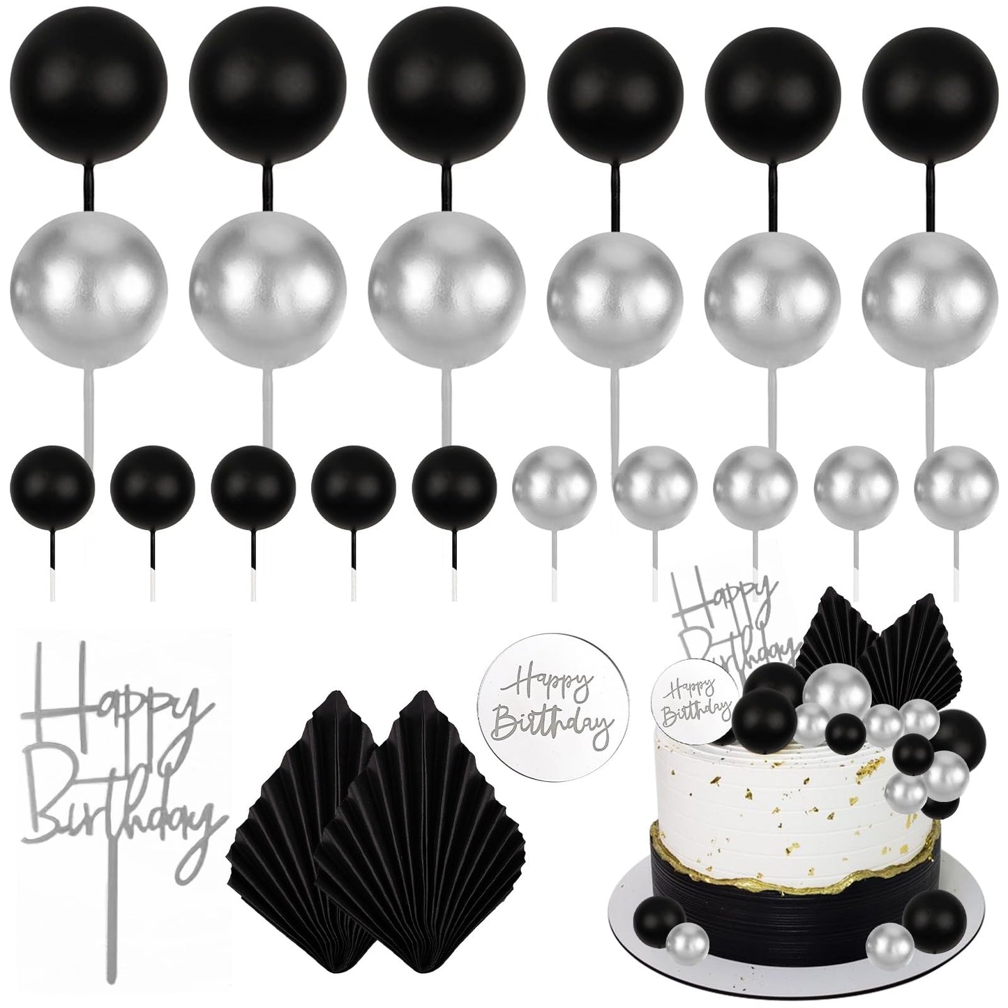 Memovan 26Pcs Man Birthday Cake Topper Black Boho Cake Topper Black Silver Balls Palm Leaves Cake Decorations For Man Boy Bohemi