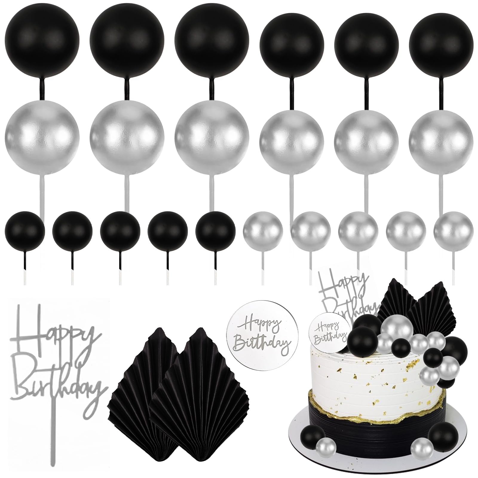 Memovan 26Pcs Man Birthday Cake Topper Black Boho Cake Topper Black Silver Balls Palm Leaves Cake Decorations For Man Boy Bohemi