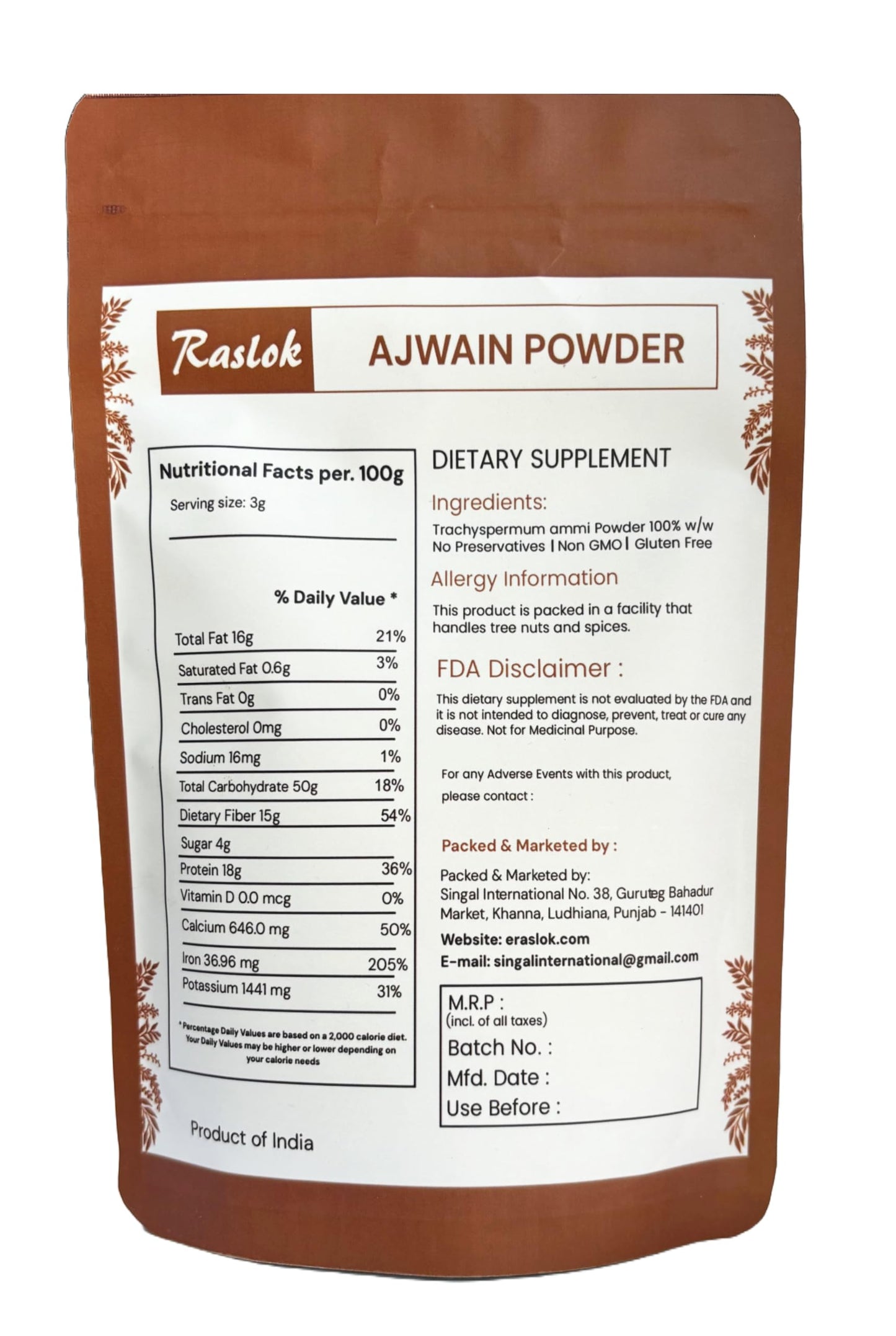 Raslok Ajwain Powder | Carom Seed Powder | Trachyspermum Ammi | Ajowan Powder (3.52, Ounces)