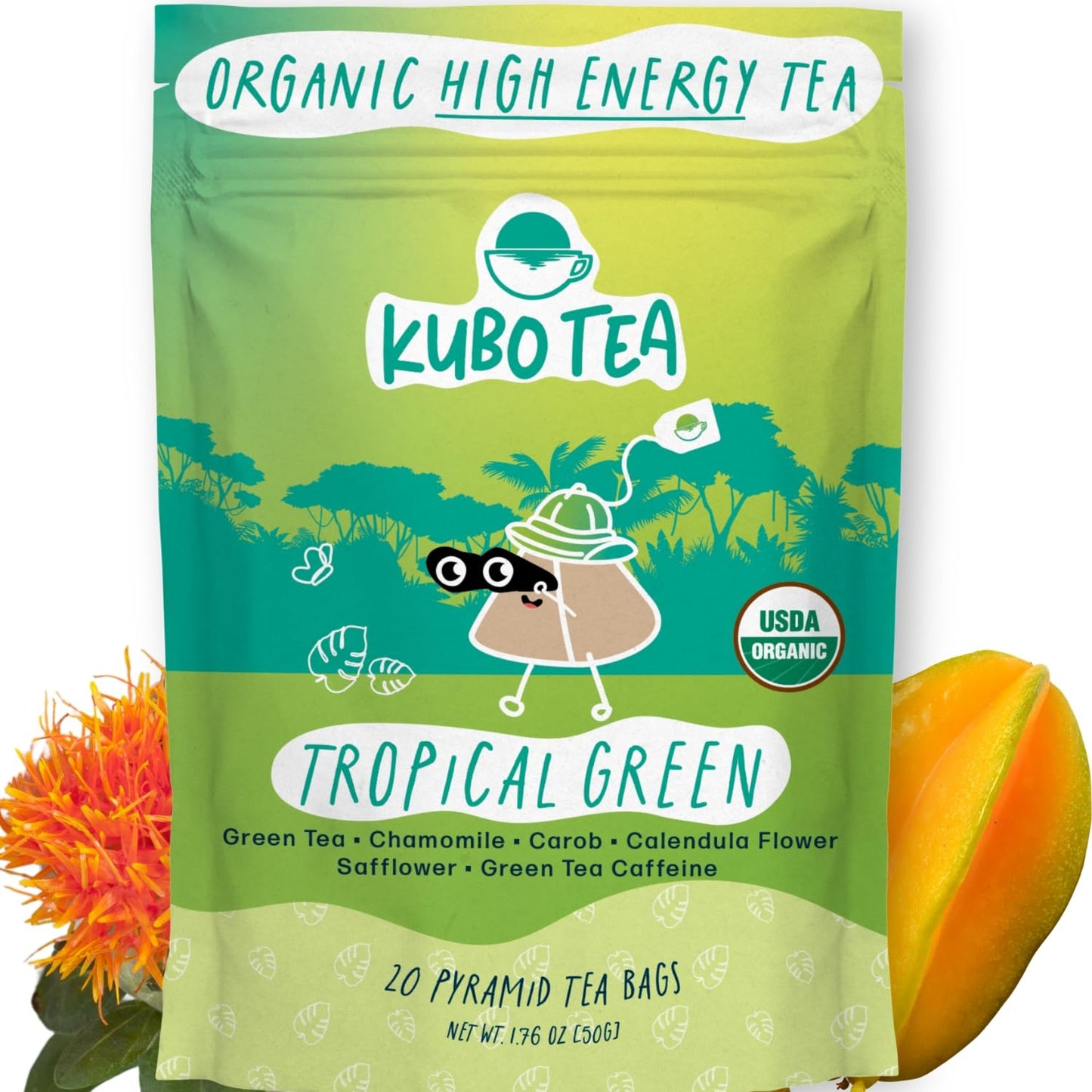 High Caffeine Tea (155 Mg) - Kubo Tea: Organic Tropical Green Tea Bags For Clean Energy & Focus | Healthy Coffee Substitute | Refreshing Caffeine Blend | 20 Ct | Compostable Packaging