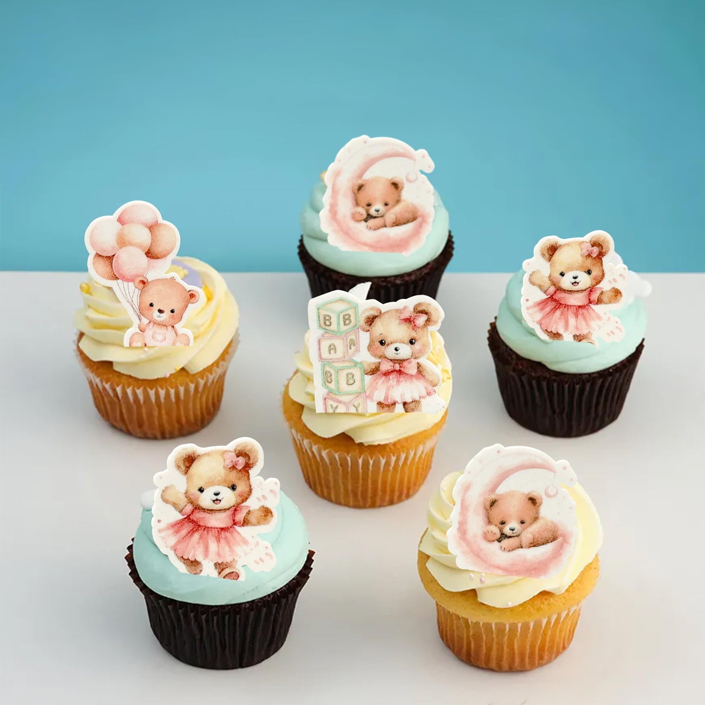 Gyufise 48Pcs Edible Baby Shower Bear Cupcake Toppers Wafer Paper Moon Baby Bear Baby Shower Cake Topper Decorations Jungle Anim