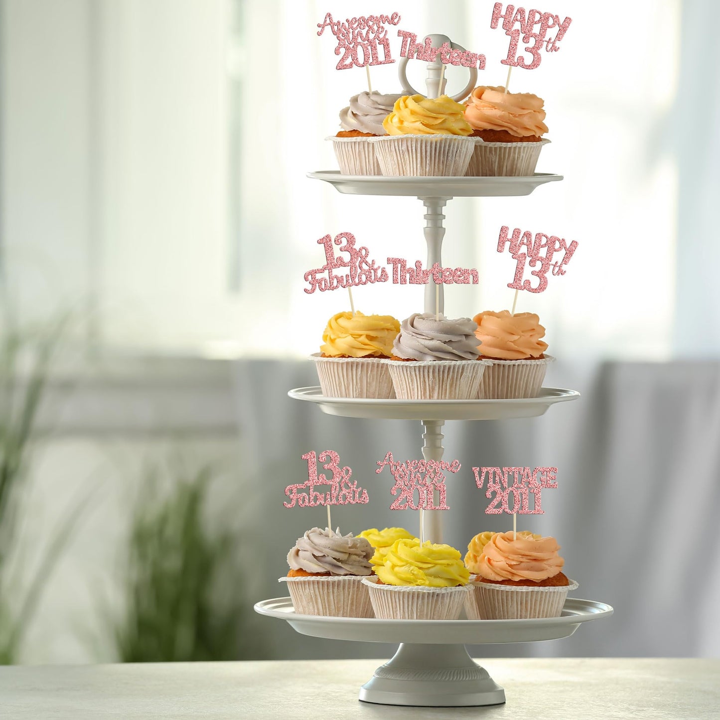 Gyufise Cupcake Toppers 30Pcs Rose Gold Glitter 13th Birthday Wedding Anniversary Decorations Model ZN0331-13