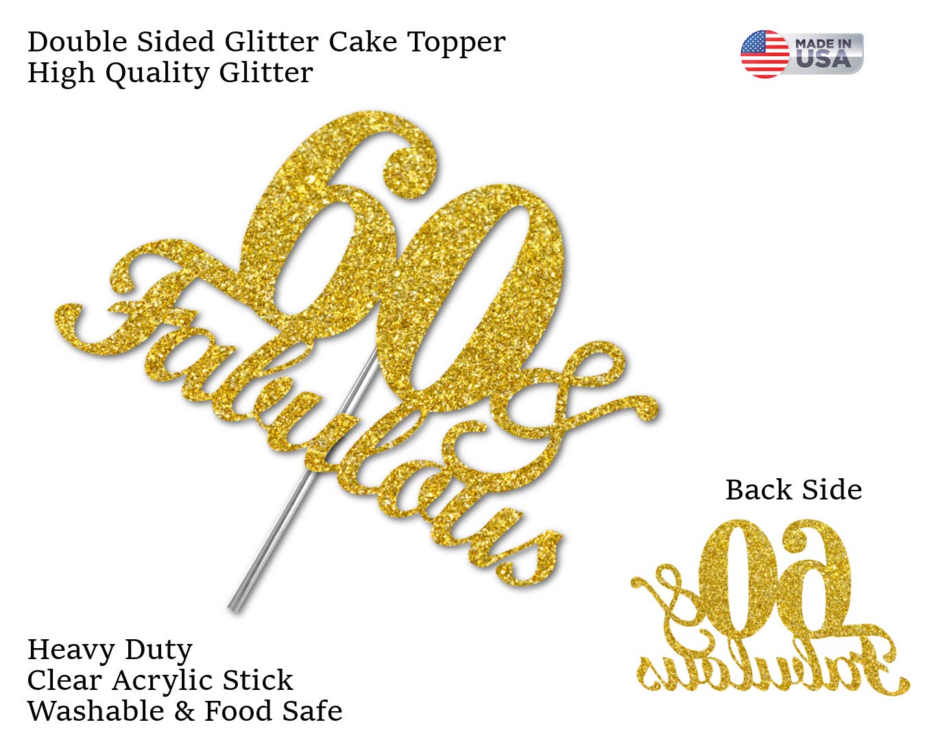 RokAPary 60th Birthday Cake Topper Gold Glitter, Sturdy Acrylic, Double-Sided Design, Made in USA