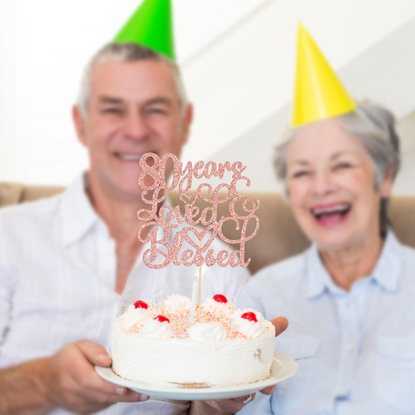 Gyufise 1Pc Rose Gold Glitter 80 Years Love Blessed Cake Topper Cheers To 80 Years Wedding Anniversary Cake Decoration For Eight