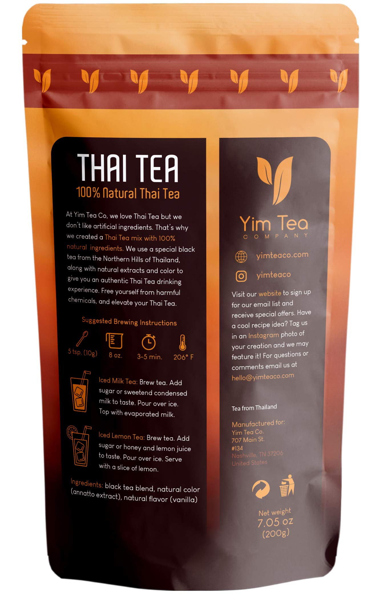 Yim Tea Co. - Thai Tea Mix - 100% Natural Loose Leaf - Made With Assam Black - for Iced and Boba Tea (200g)