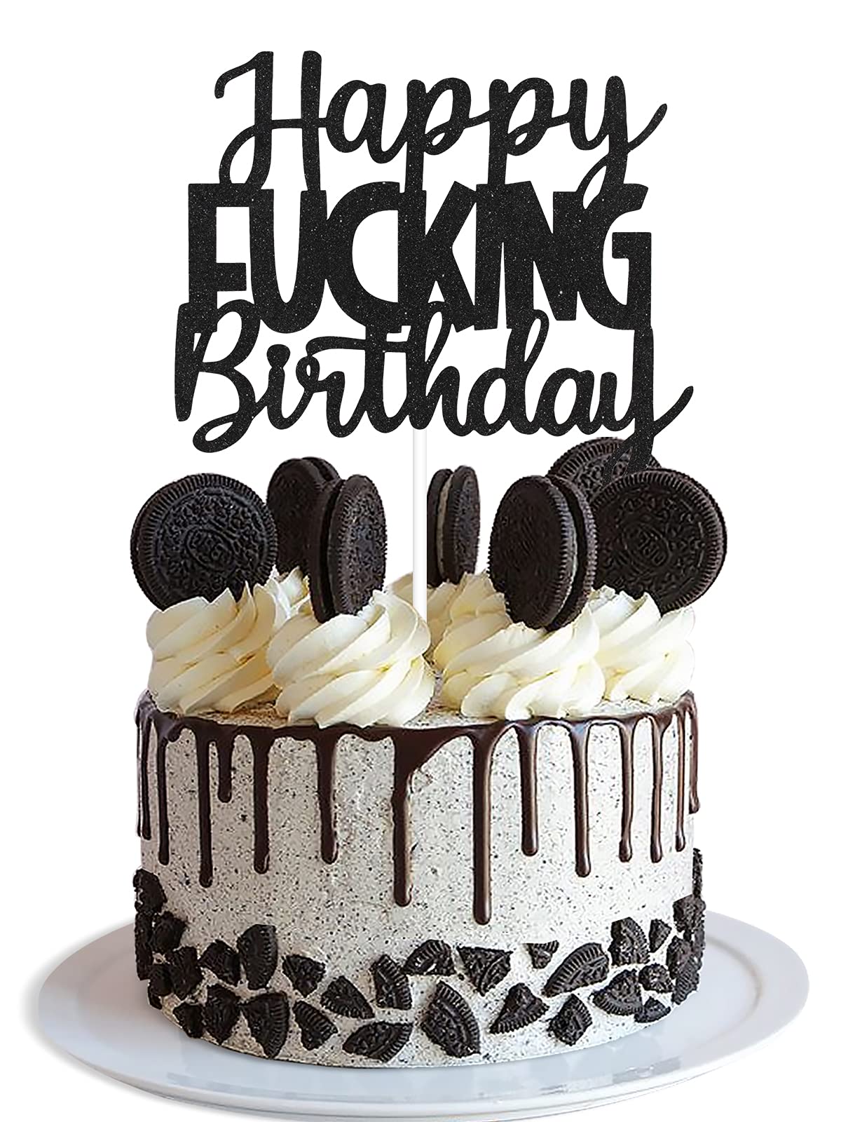 Happy Fuxking Birthday Cake Topper - Funny Black Glitter Fabulous Birthday Cake Supplies - Adult Birthday Party Cake Decorations