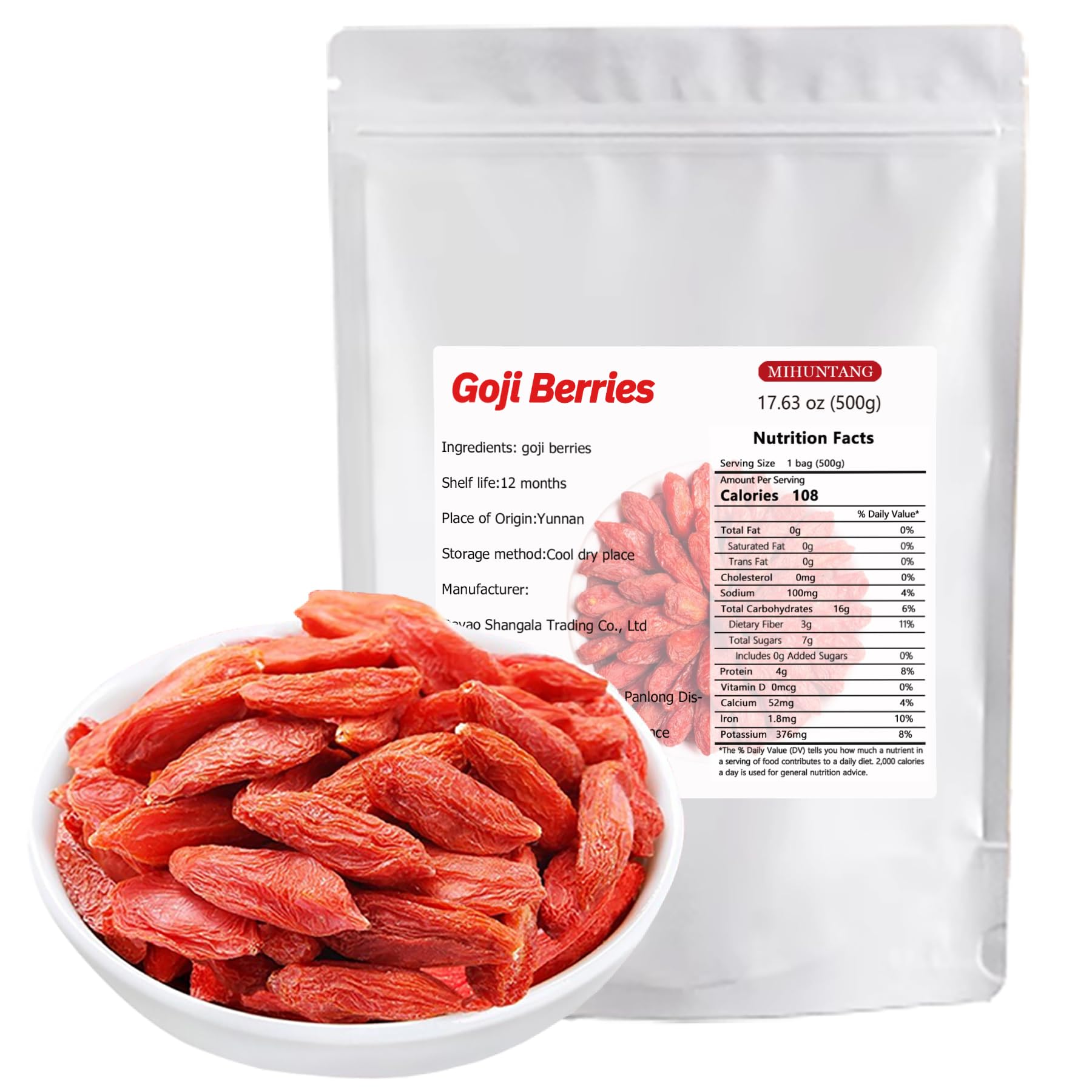 Dried Goji Berries Whole Fruit 17.63oz/500g Raw Sun-Dried Red Goji Large Berry Perfect for Tea, Smoothies, Baking,Snacks and Dri