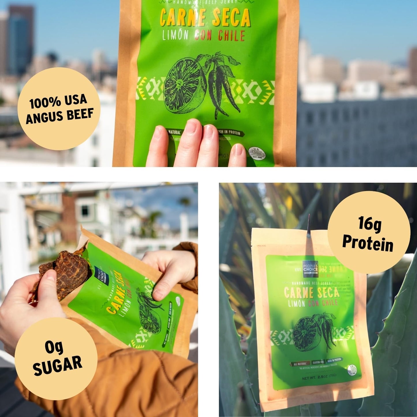 Peoples Choice Beef Jerky - Carne Seca - Lim  n Con Chile - 16g Protein - Sugar Free, Zero Carb, Keto Friendly - Dry Texture - M