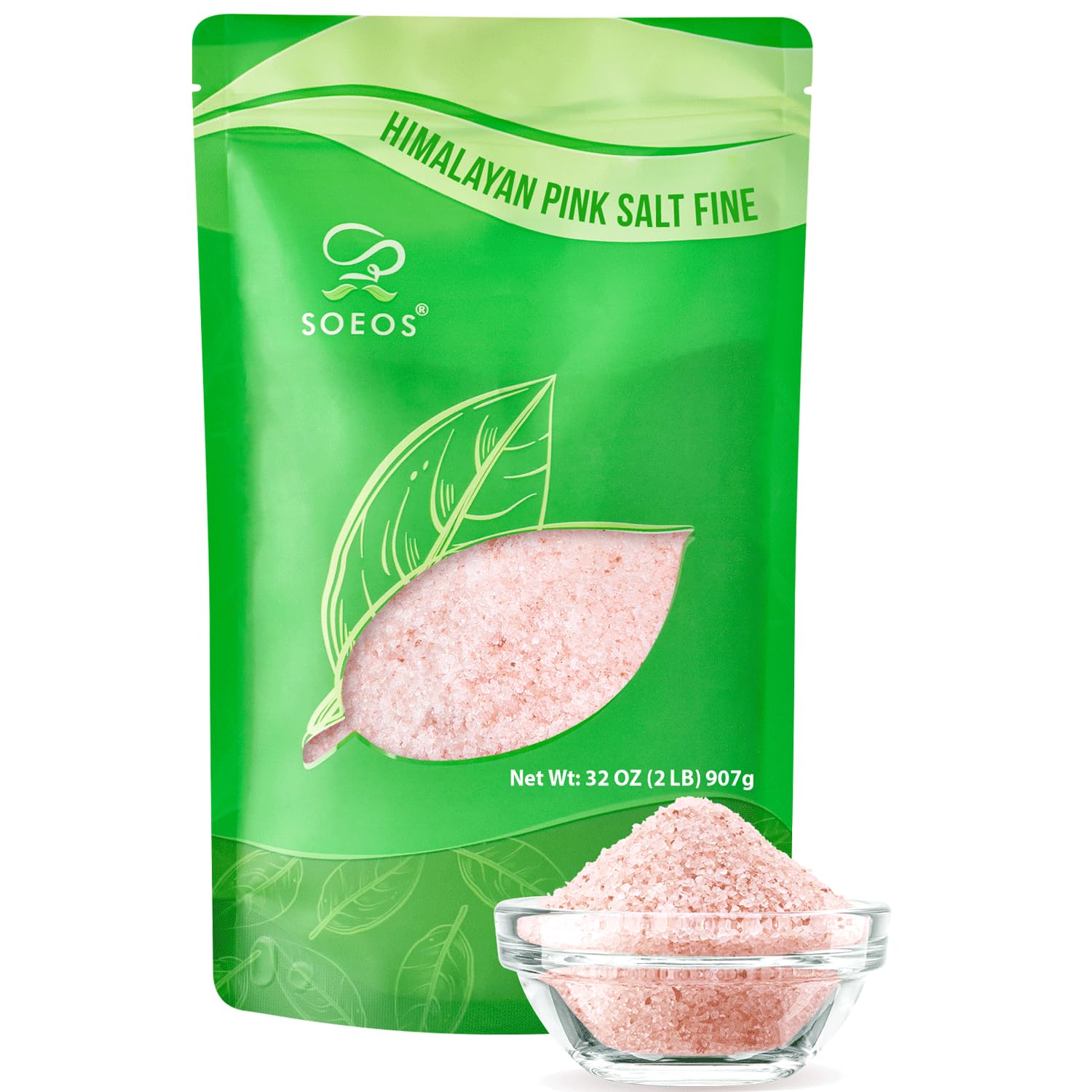 Soeos Himalayan Pink Salt, Fine Grain, 2 Lbs (32 oz), Non-GMO, Pink Himalayan Sea Salt, Kosher Salt, Rock Salt for Grinder Refil