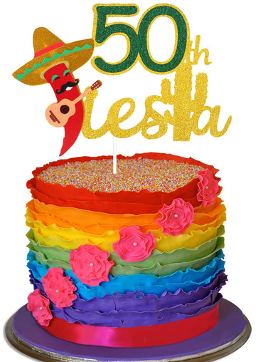 Fiesta 50Th Birthday Cake Topper - Taco Bout 50 Birthday Party Glitter Chili Cake Supplies - Fabulous Fifty - Mexican Summer Fie