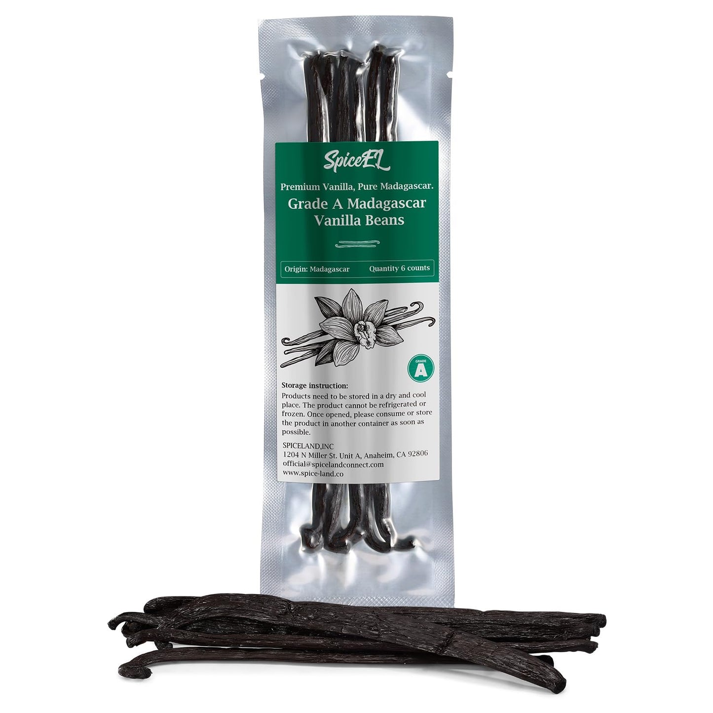 SPICEEL Madagascar Vanilla Beans Whole Grade A Vanilla Pods for Making Extract, Whole 5'' - 7'' Vanilla Beans for Baking, 6 Coun