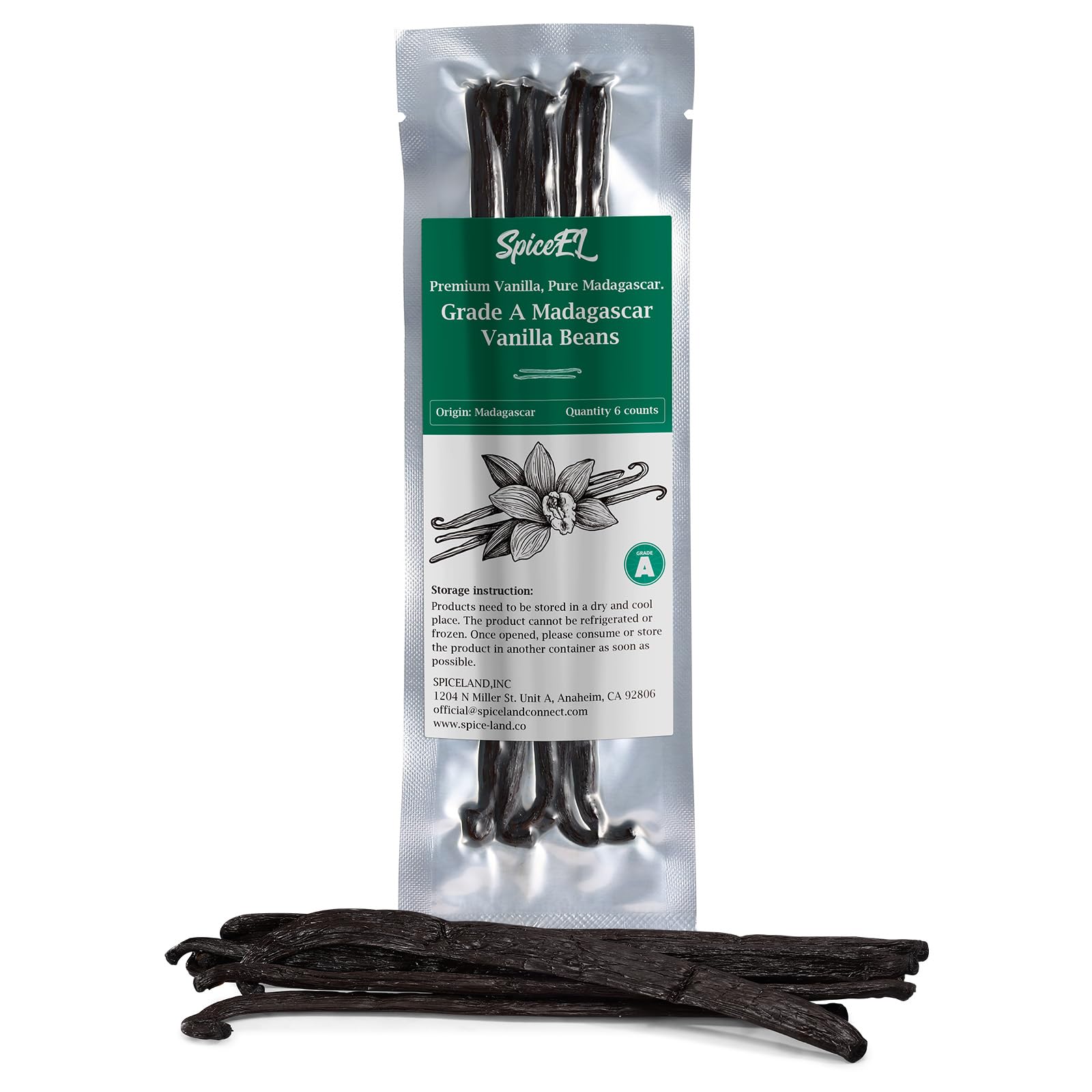 SPICEEL Madagascar Vanilla Beans Whole Grade A Vanilla Pods for Making Extract, Whole 5'' - 7'' Vanilla Beans for Baking, 6 Coun