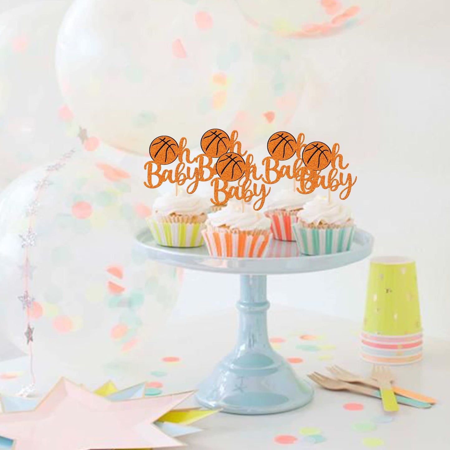 24 Pcs Basketball Oh Baby Cupcake Toppers Glitter Baby Shower Basketball Cupcake Picks For Basketball Sports Theme Baby Shower K