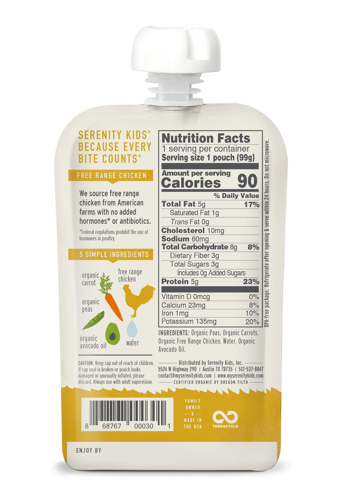 Serenity Kids 6+ Months Baby Food Chicken Pouch Puree - Ethically Sourced Free-Range Chicken & Organic Peas & Carrots - No Added Sugar & Protein-Rich & Bpa-Free Toddler Food - 3.5 Oz, 12 Pack