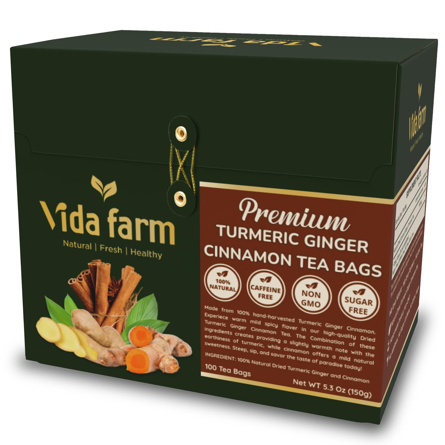 VIDA FARM Turmeric Ginger Cinnamon Tea Bags, 100% Pure & Natural, Non-GMO, Gluten-Free, Vegan, 100 Tea Bags, Yellow