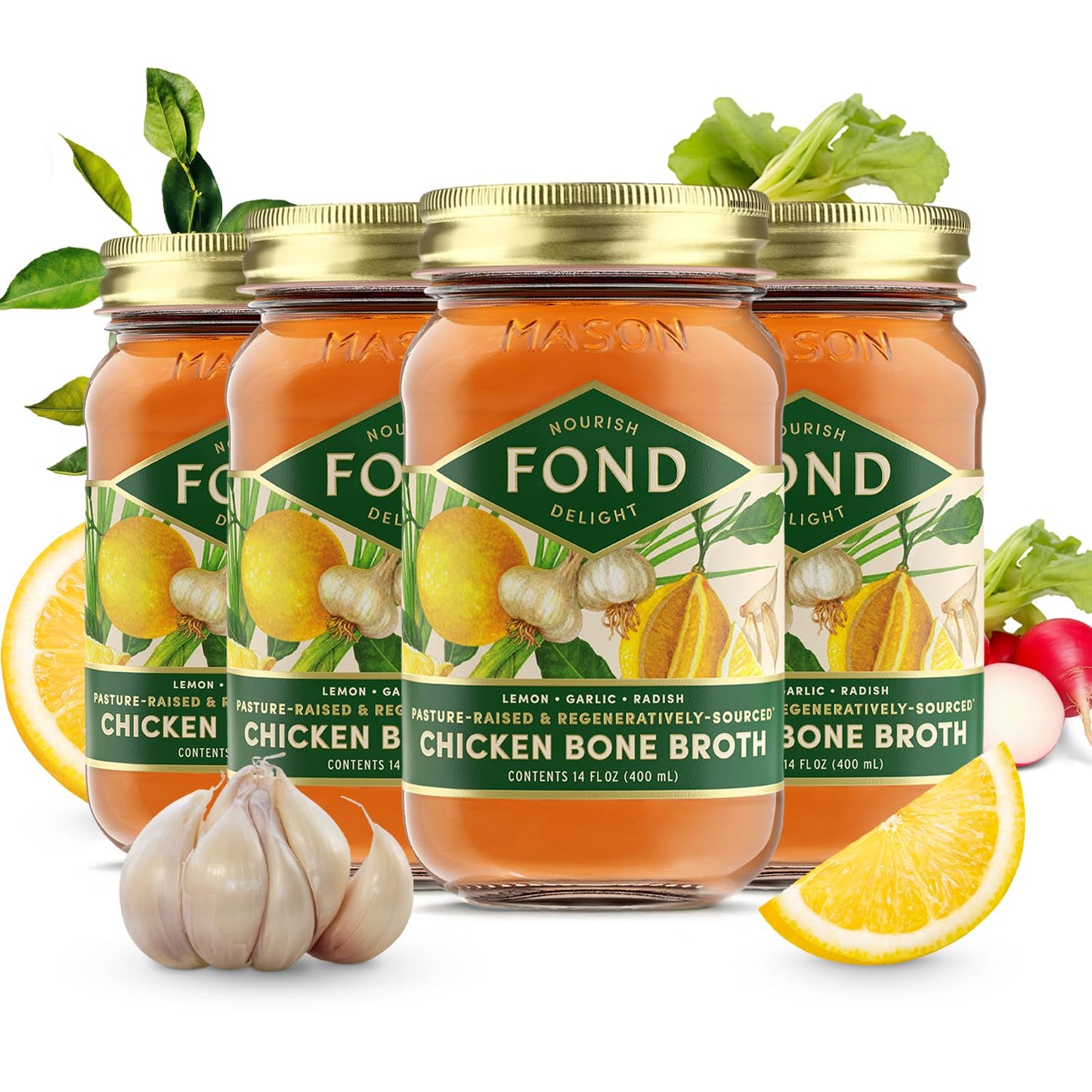 FOND Regenerative Pasture-Raised Chicken Bone Broth Infused with Organic Lemon & Garlic - Slow-Simmered Chicken Broth for Rich a