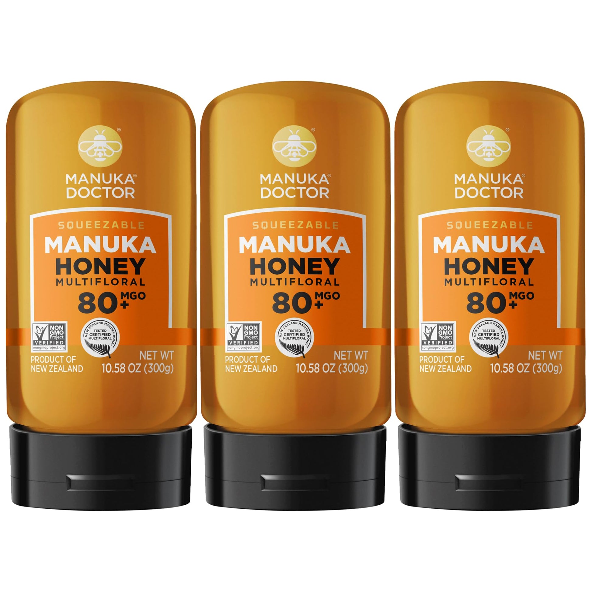 MANUKA DOCTOR - MGO 80+ SQUEEZY Manuka Honey Value Bundle, 3 Squeeze Bottles, Multifloral 100% Pure New Zealand Honey. Certified