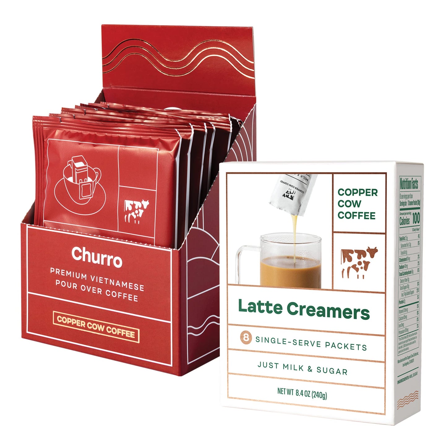 Copper Cow Coffee Premium Vietnamese Coffee: Single-Serve Churro Lattes (8 Lattes, Includes: 8 Churro Coffees & 8 Milk Creamers)