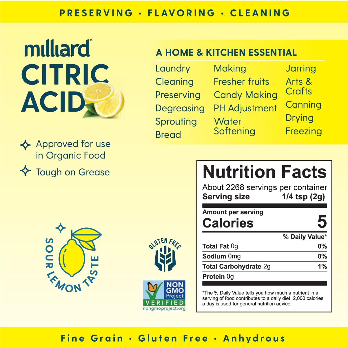 Milliard Citric Acid - 100% Pure Food Grade, Non-GMO, 10 Pound (2268 Servings)