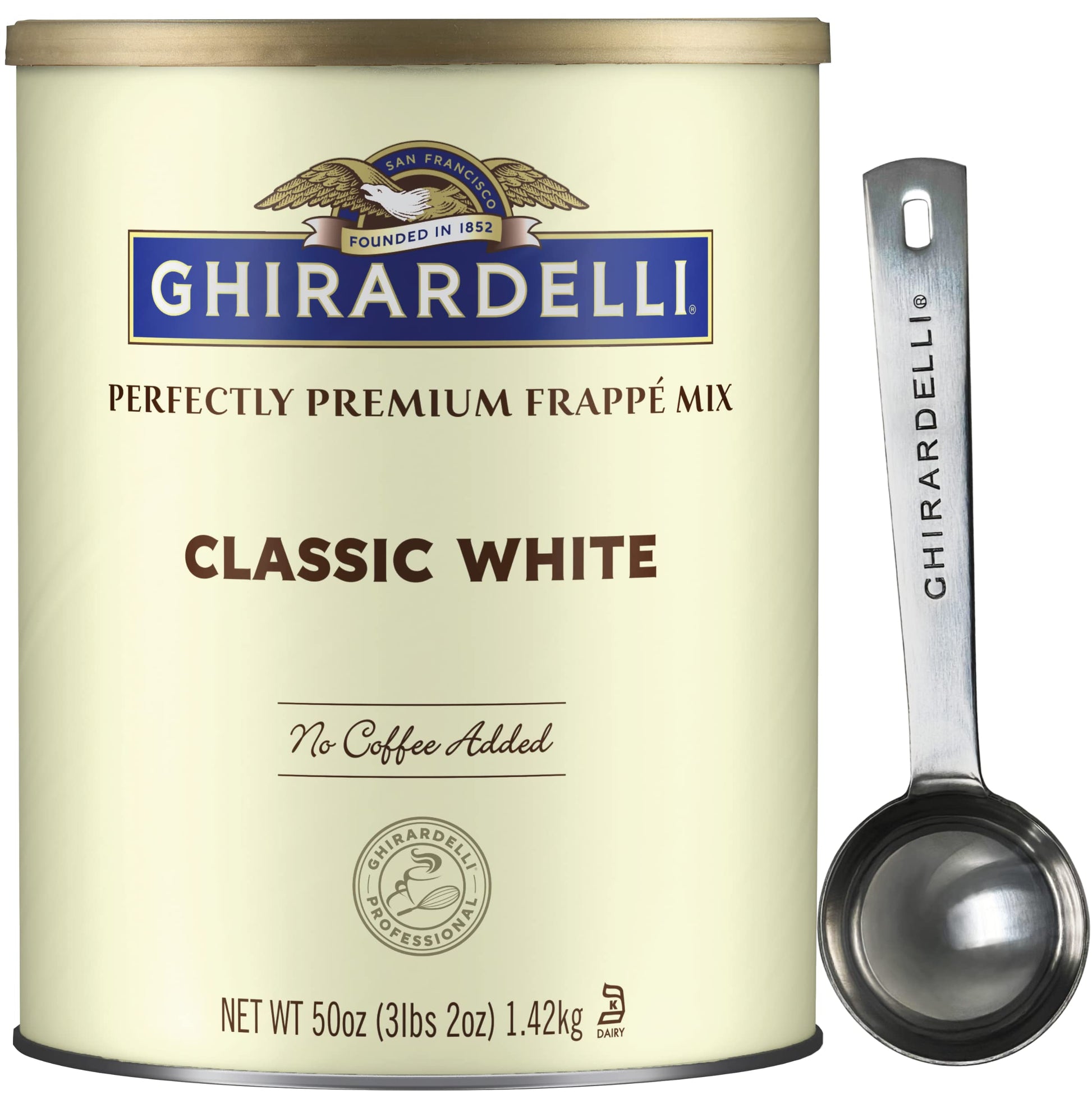 Ghirardelli Classic White Premium Frapp   Mix, 3.12 lb Can with Ghirardelli Stamped Barista Spoon