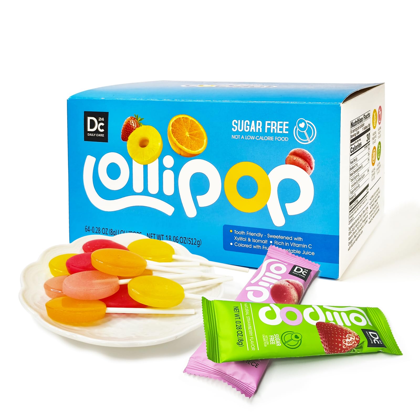 DC24 DAILY CARE Sugar Free Lollipops, Assorted Fruit Flavors, 64 Count, Non-GMO, Gluten Free, with Vitamin C, Orange