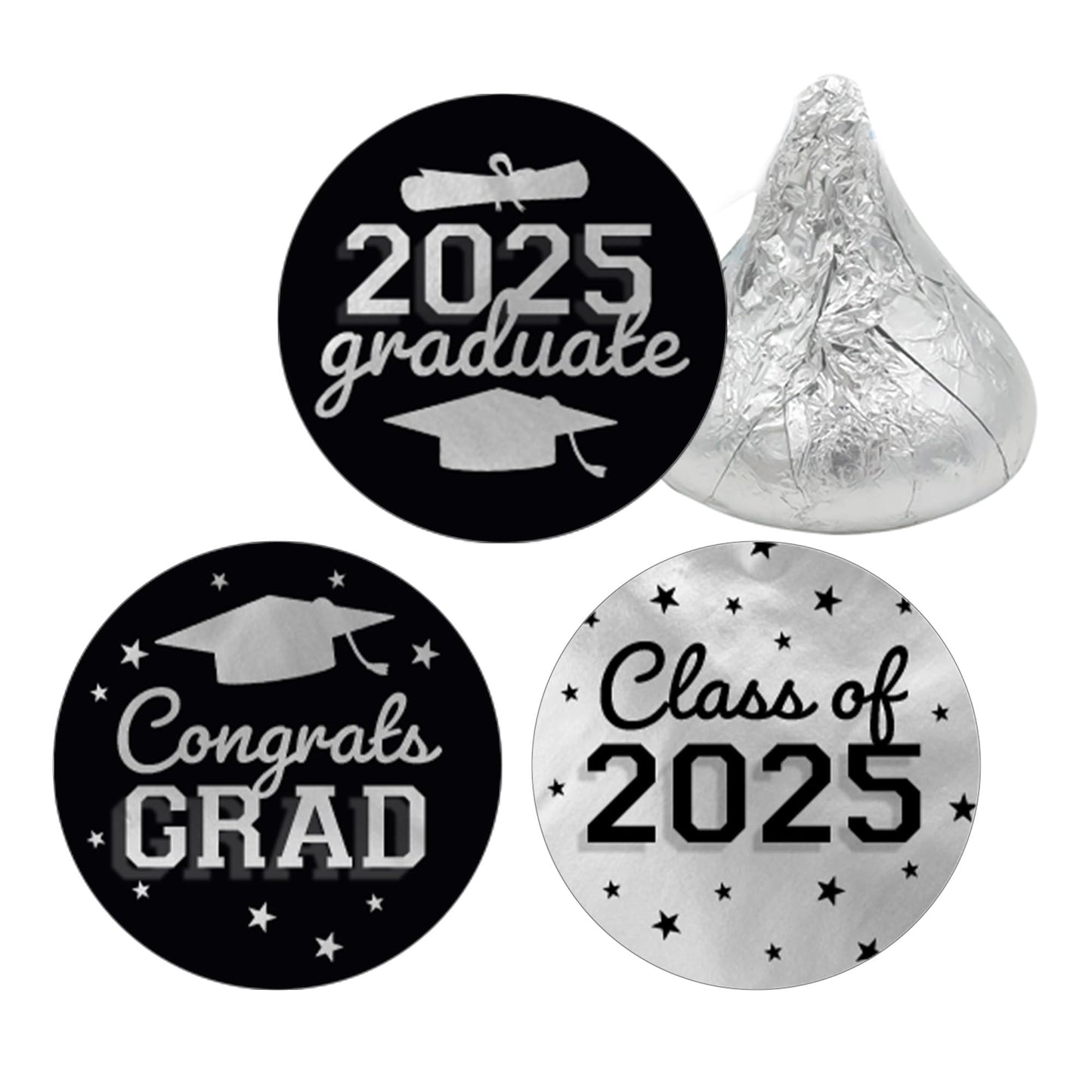 Black and Silver Graduation Party Stickers for Kisses Candy, Chocolate Drops, 2025 Grad Party Favors - 180 Count
